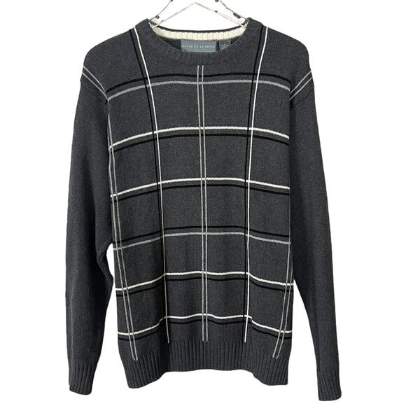Oscar de la Renta | Men’s Grey Plaid White Grid Cotton Designer Sweater L EUC - Picture 1 of 8